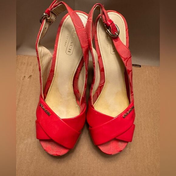 Coach Coral Orange Peep Toe Slingback Wedge Sandals 6.5 Cork Patent leather Logo - Picture 4 of 14